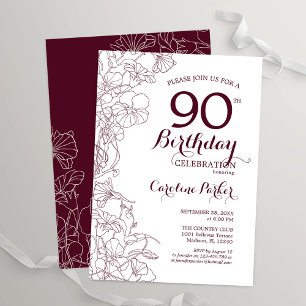 Burgundy Floral 90th Birthday Party Invitation