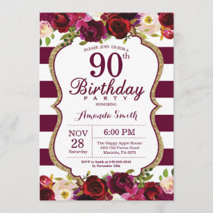 Burgundy Floral 90th Birthday Party Invitation