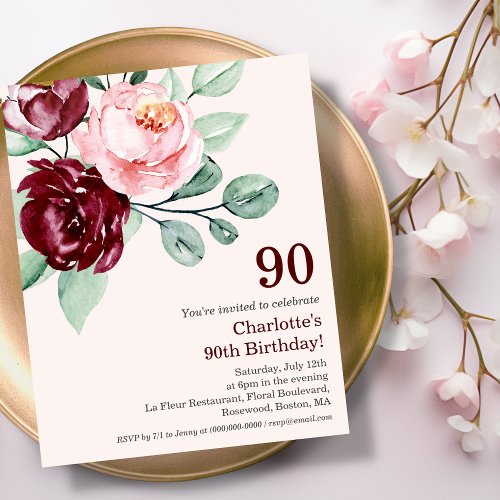 Burgundy Floral 90th Budget Birthday Invitation