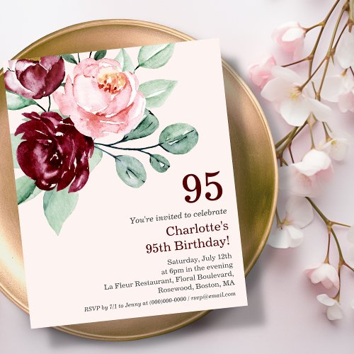 Burgundy Floral 95th Budget Birthday Invitation