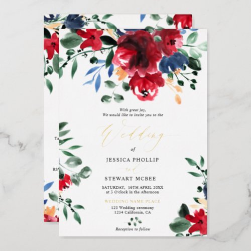 Burgundy floral all in one calligraphy wedding foil invitation