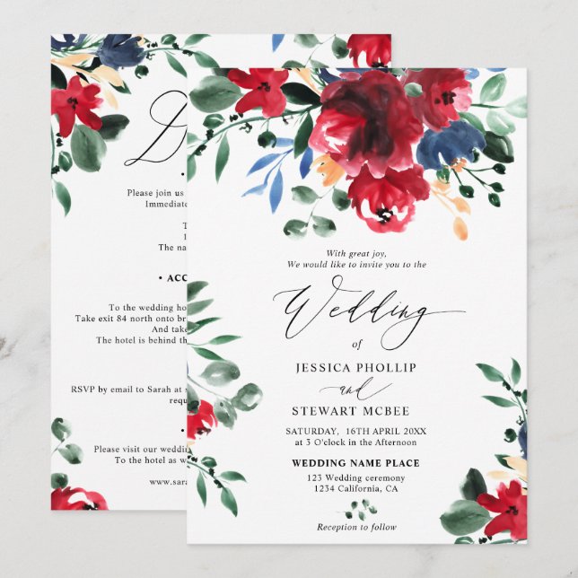 Burgundy floral all in one calligraphy wedding invitation (Front/Back)
