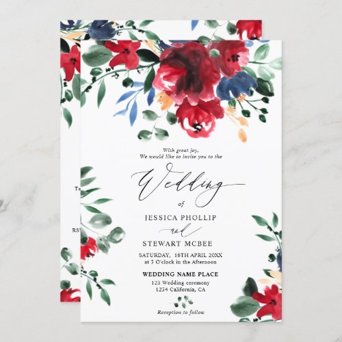 Burgundy floral all in one calligraphy wedding invitation