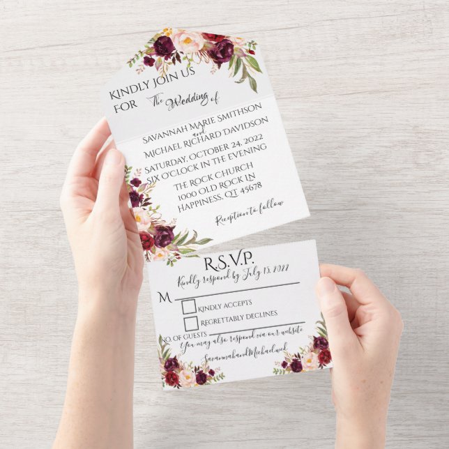 Burgundy Floral All in One Wedding Invite (Tearaway)