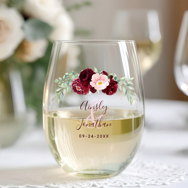 Burgundy Floral Ampersand Monogram Wedding Stemless Wine Glass (Creator Uploaded)