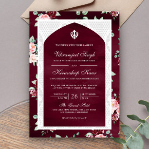 Burgundy Floral Anand Karaj Punjabi Sikh Wedding Invitation