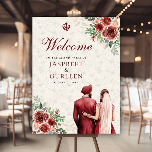 Burgundy Floral Anand Karaj Wedding Welcome Sign