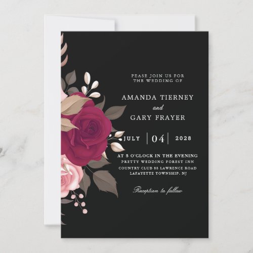 burgundy floral and black wedding invitations