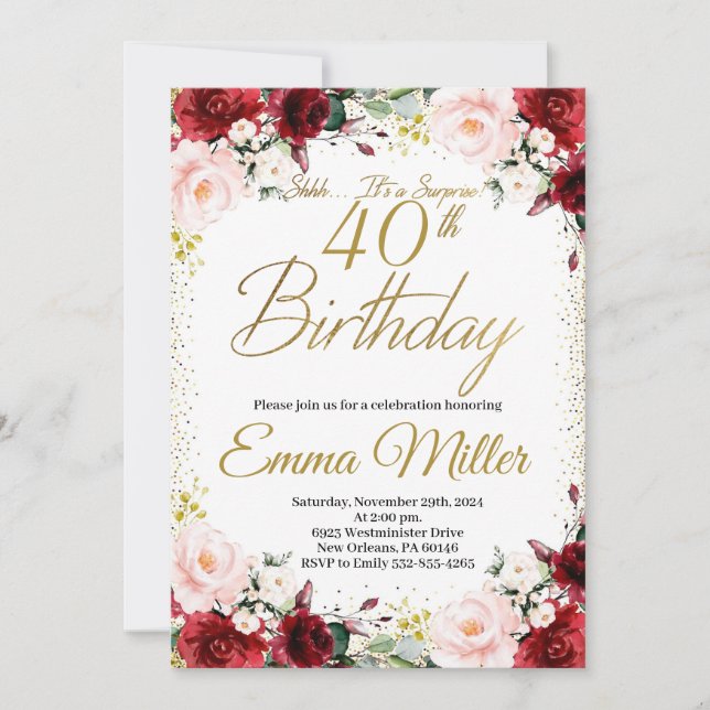 Burgundy Floral and Gold Surprise 40th Birthday Invitation (Front)