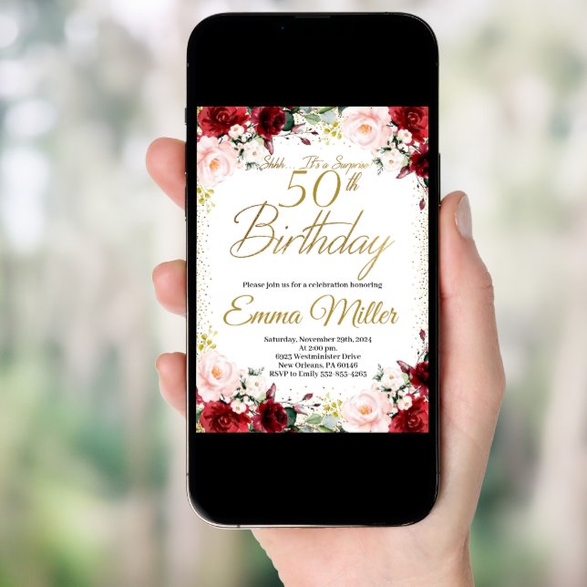 Burgundy Floral and Gold Surprise 50th Birthday Invitation (Front Digital)