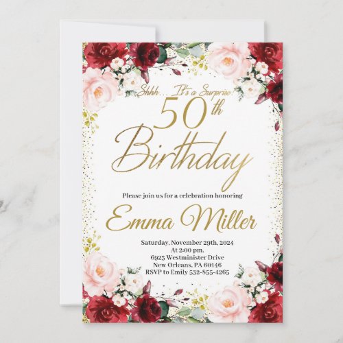 Burgundy Floral and Gold Surprise 50th Birthday Invitation
