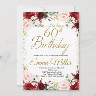Burgundy Floral and Gold Surprise 60th Birthday Invitation