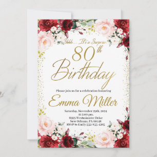 Burgundy Floral and Gold Surprise 80th Birthday Invitation