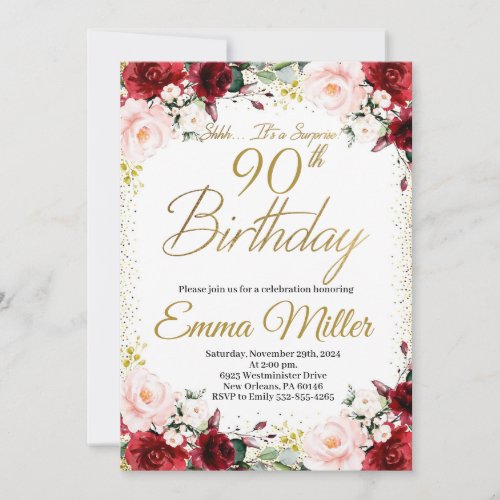 Burgundy Floral and Gold Surprise 90th Birthday Invitation