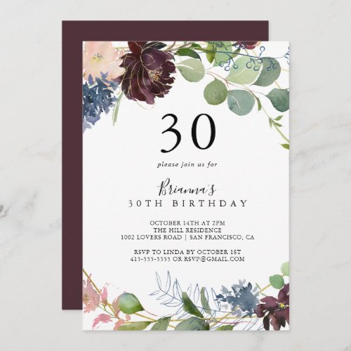 Burgundy Floral and Greenery 30th Birthday Party Invitation