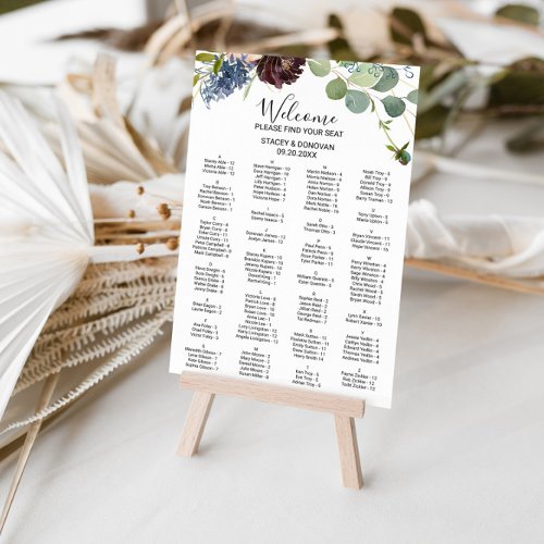 Burgundy Floral and Greenery Alphabetical Seating Poster
