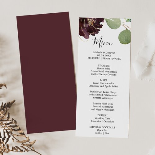 Burgundy Floral and Greenery Dinner Menu Card