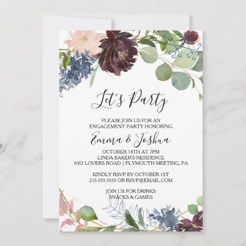 Burgundy Floral and Greenery Lets Party Invitation
