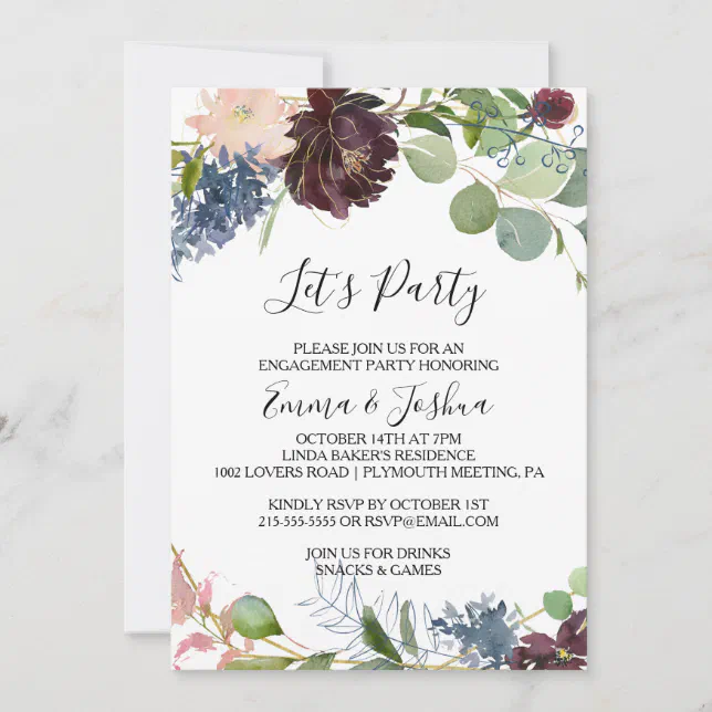 Burgundy Floral and Greenery Let's Party Invitation | Zazzle