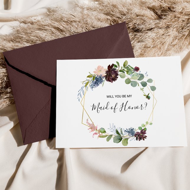 Burgundy Floral and Greenery Maid of Honor Invitation Postcard (Creator Uploaded)
