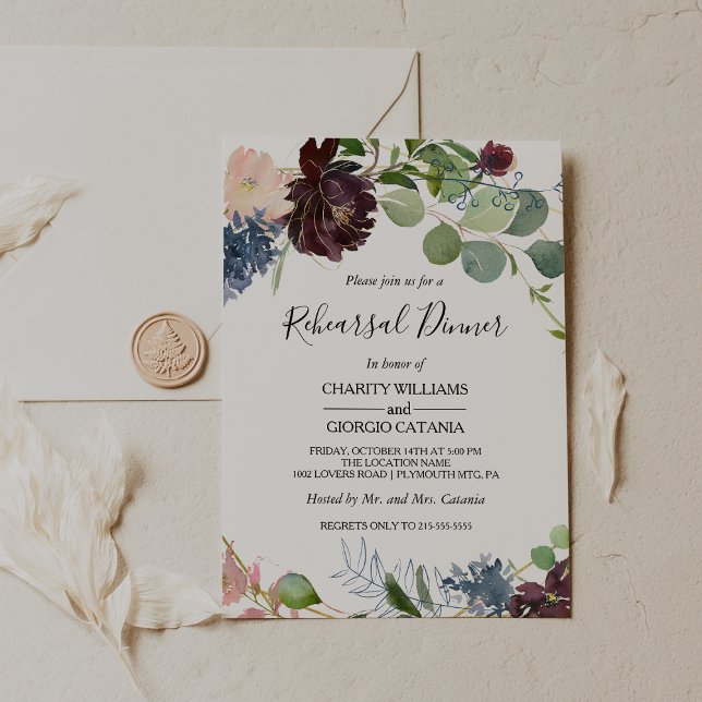 Burgundy Floral and Greenery Rehearsal Dinner Invitation (Creator Uploaded)