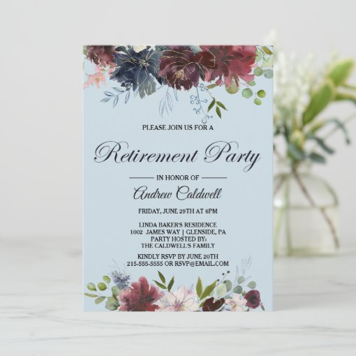 Burgundy Floral and Greenery Retirement Party Invitation | Zazzle