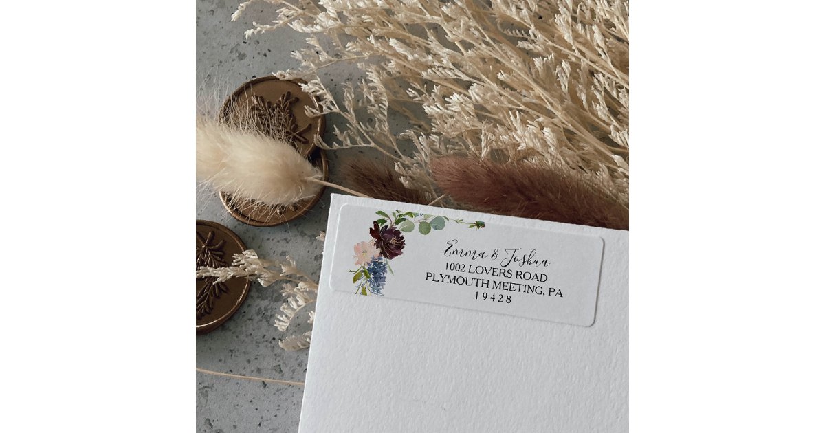 Burgundy Floral and Greenery Return Address Label | Zazzle