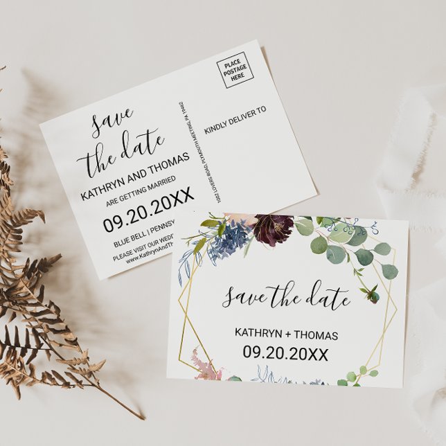 Burgundy Floral and Greenery Save the Date Card (Creator Uploaded)