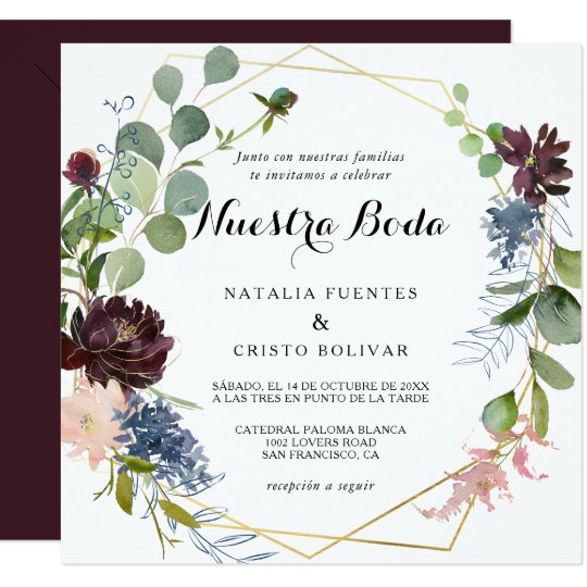 Burgundy Floral and Greenery Spanish Wedding Invitation Burgundy Floral and Greenery Spanish Wedding Invitation