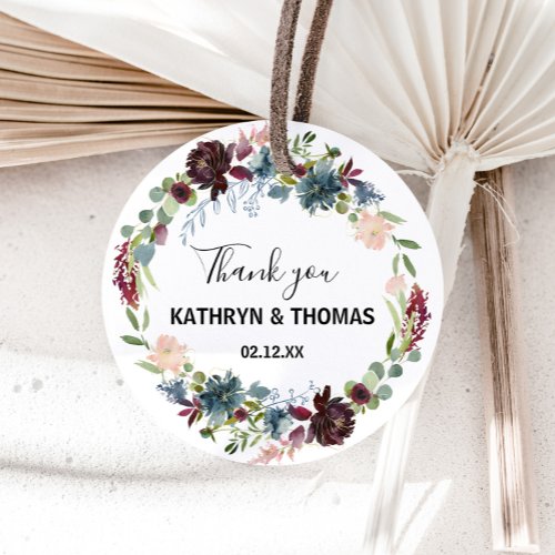 Burgundy Floral and Greenery Thank You Favor Classic Round Sticker