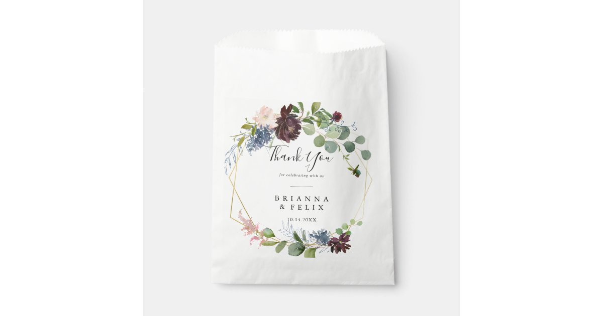Burgundy Floral and Greenery Thank You Wedding Favor Bag | Zazzle