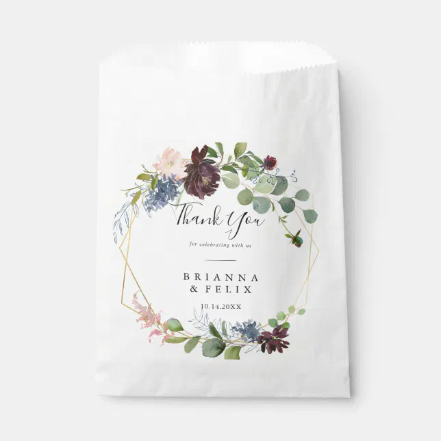 Burgundy Floral and Greenery Thank You Wedding Favor Bag | Zazzle