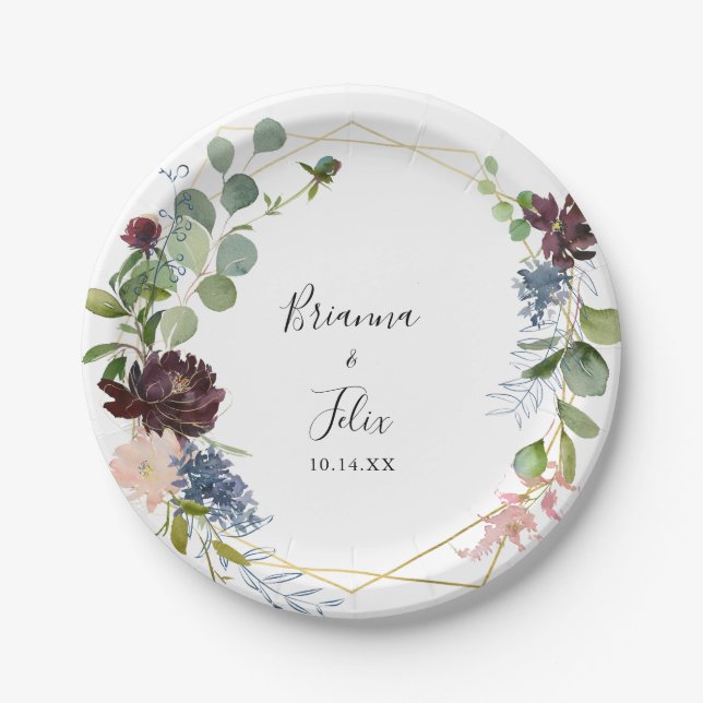 Burgundy Floral and Greenery Wedding Cake Paper Plates (Front)