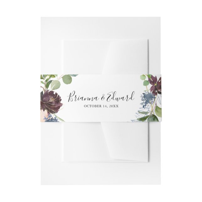 Burgundy Floral and Greenery Wedding Invitation Invitation Belly Band (Front Example)