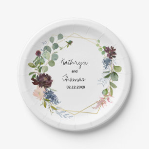 Burgundy Floral and Greenery Wedding Paper Plates