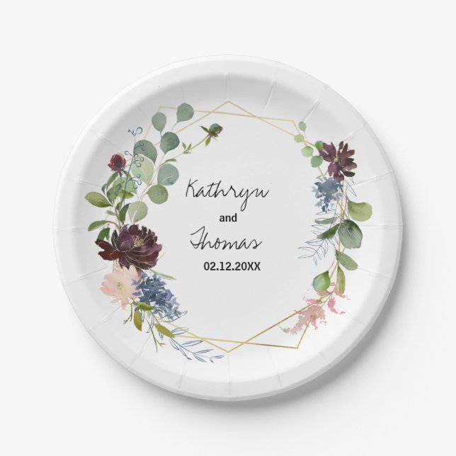 Burgundy Floral and Greenery Wedding Paper Plates (Front)