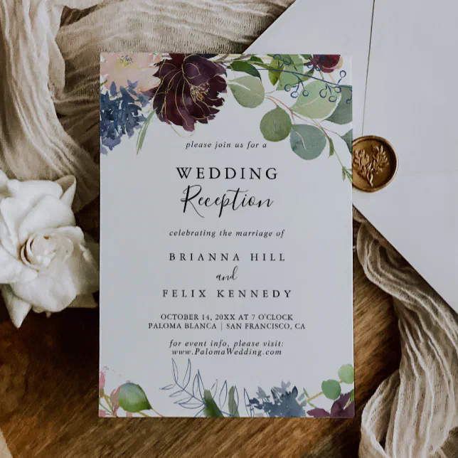 Burgundy Floral and Greenery Wedding Reception Invitation | Zazzle