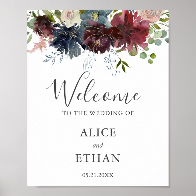 Burgundy Floral and Greenery Wedding Welcome Sign (Front)