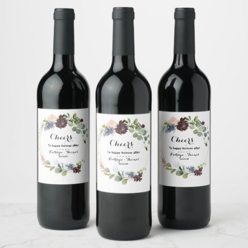 Burgundy Floral and Greenery Wedding Wine Labels