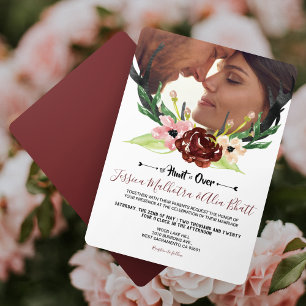 Burgundy Floral Antler Boho Hunt is Over Wedding Invitation