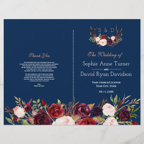 Burgundy Floral Antlers Blue Wedding Program Flyer