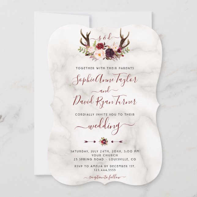 Burgundy Floral Antlers Calligraphy Marble Wedding Invitation (Front)