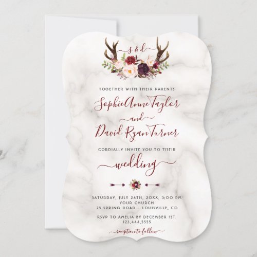 Burgundy Floral Antlers Calligraphy Marble Wedding Invitation