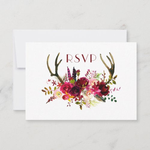 Burgundy Floral Antlers  entree  guests invited RSVP Card