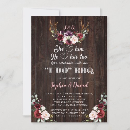 Burgundy Floral Antlers I DO BBQ Engagement Invitation