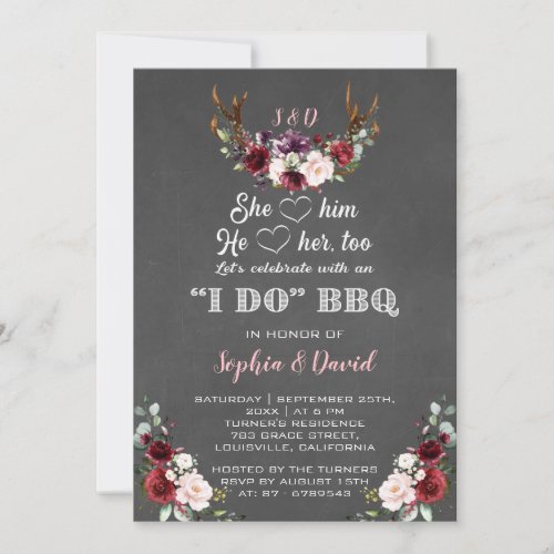 Burgundy Floral Antlers I DO BBQ Engagement Invitation