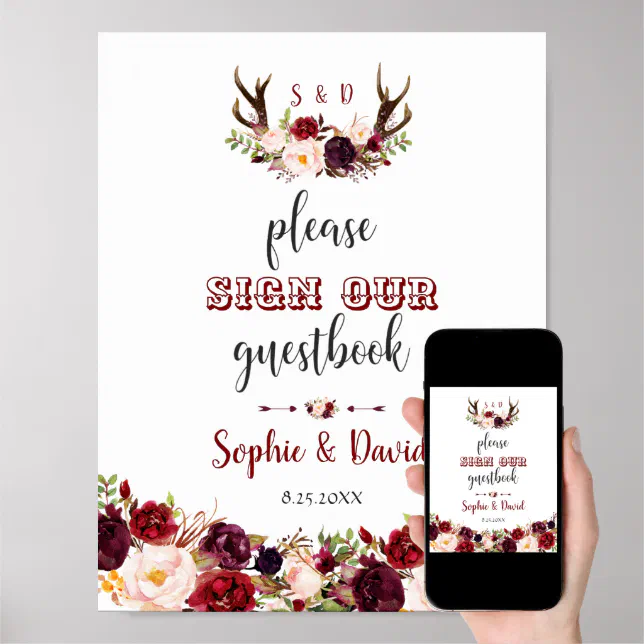 Burgundy Floral Antlers Please Sign Our Guestbook Zazzle