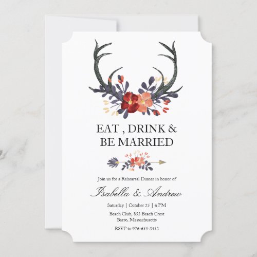 Burgundy Floral Antlers Wedding Rehearsal Dinner Invitation