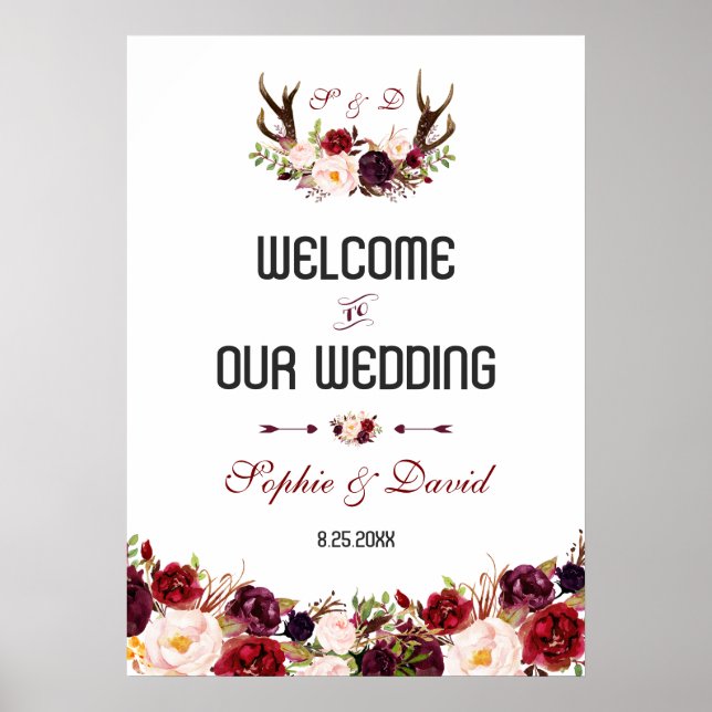 Burgundy Floral Antlers Welcome Wedding Sign (Front)