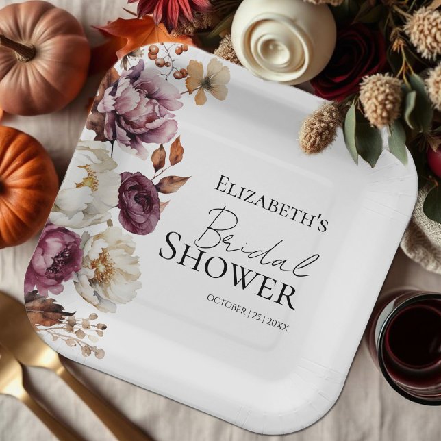 Burgundy Floral Arch Fall Bridal Shower Paper Plates (Creator Uploaded)